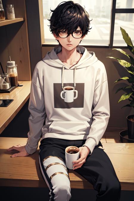 2502150-1319647688-masterpiece, best quality, absurdres, 1boy, solo, AmamiyaRen, glasses, hoodie, pants, sitting, coffee, coffee shop,.png
